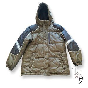 Protection System Boys Winter Jacket Size 14/16 Olive Green Black Hooded Puffer